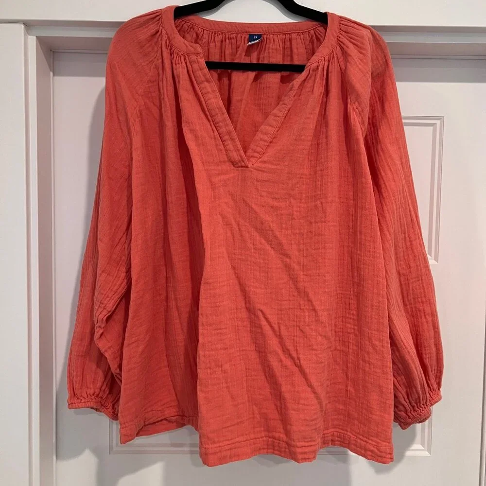 Old Navy Women 100% Cotton Coral Relaxed Crinkle-Gauze Split-Neck Blouse,Size 2X